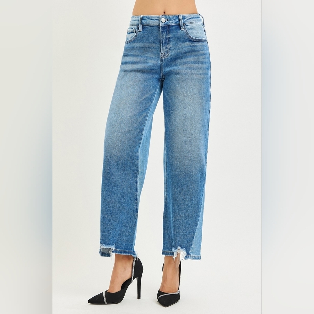RISEN HR Dark Combo Contrast Wash Slouchy Barrel Jeans Cropped Ankle Various NEW - Picture 3 of 6